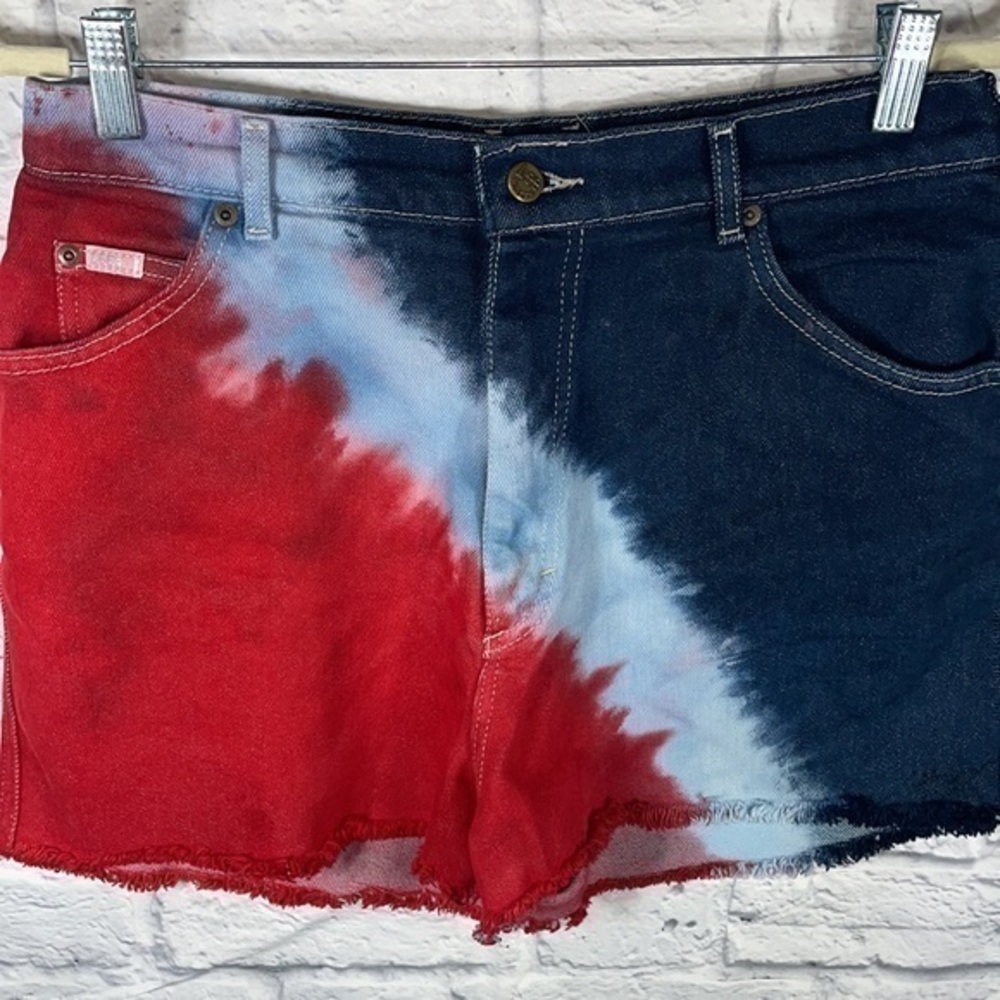 Vtg Lee Boho Tie Dye Patriotic Americana Denim Jean Hi Rise Distress 90s Shorts